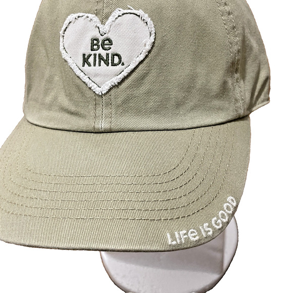 Life Is Good Chill Cap Be Kind Tattered Heart Patch Strap Back Hat Khaki Green - Picture 2 of 10